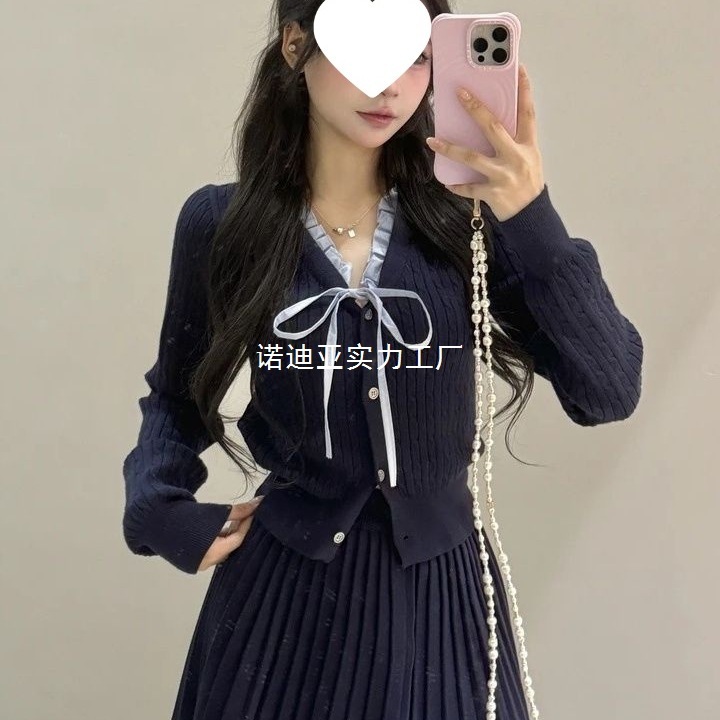 韩系甜美蝴蝶结针织开衫女秋冬季新款学院风显瘦上衣百褶裙两件套|undefined