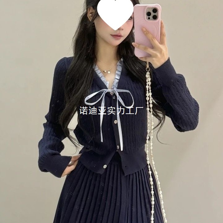 Korean Sweet Bow Knitted Cardigan Women's Autumn and Winter New College Style Slim Top Pleated Skirt Two-Piece Set