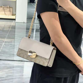 2023新款涂层老花拼皮法棍包欧美复古Eliza链条小方包单肩斜挎包