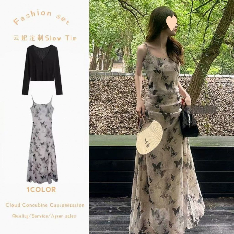 Летнее платье-миди для женщин 2025 года, новый стиль, французский шик, красивое элегантное платье с цветочным принтом, бабочками и бретелями, на холодной воде.