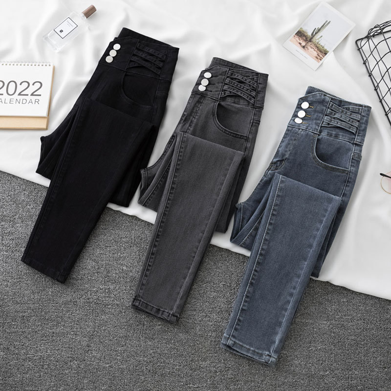Belly contracting ultra high waist jeans women's fashion design new single row three buckle stretch slim fit ankle-length pencil pants Belly contracting ultra high waist jeans women's fashion design new single row three buckle stretch slim fit ankle-length pencil pants
