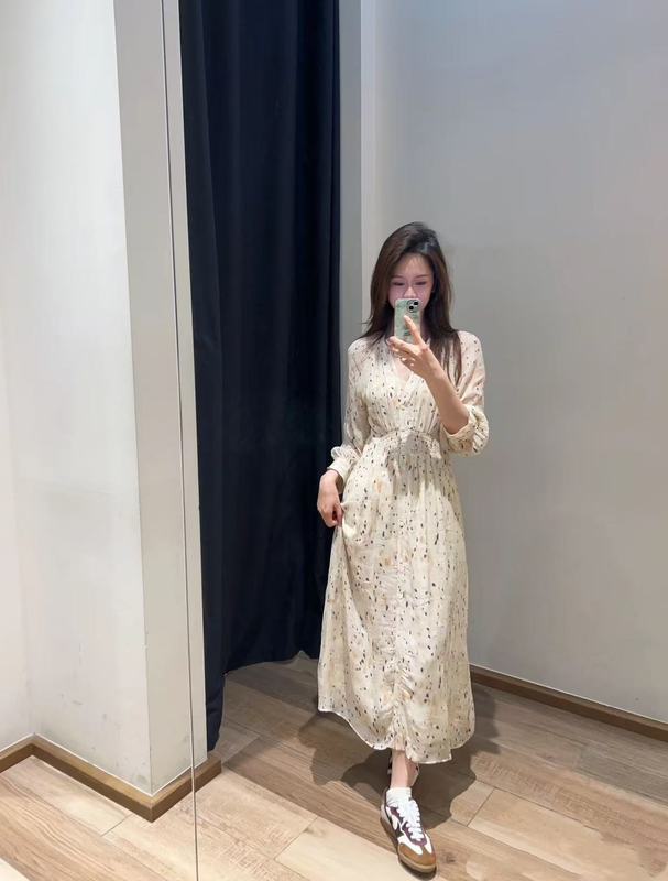 BA法式波西米亚风碎花裙女式印花裙V领收腰显瘦中长款连衣裙优雅|undefined