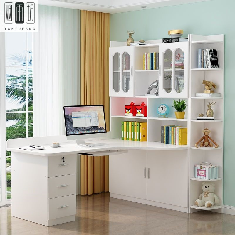 Solid Wood Corner Desk and Bookshelf Combination, Integrated Desktop Bookcase, Home Bedroom Corner Study Table, Simple Office Desk