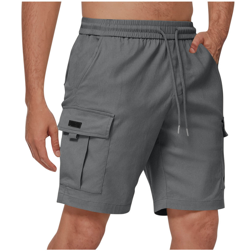 Men's Multi-Pocket Cargo Shorts Straight Casual Shorts Drawstring Elastic Waist European and American Hiking Mid-Length Shorts