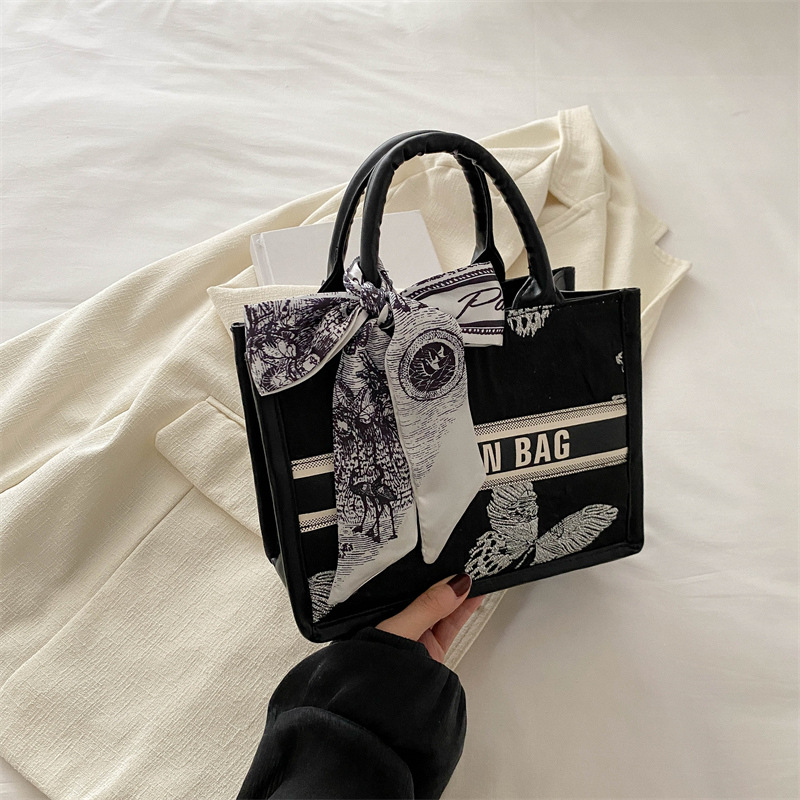 Women's Summer New Large-Capacity Handbag with Sweet Texture, Butterfly Design, Silk Scarf, Letter Print, Trendy and Practical Tote Bag