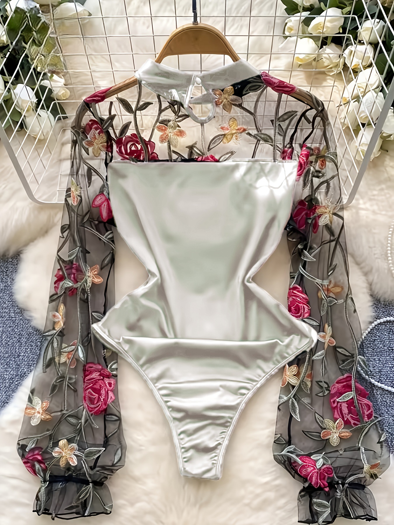 Damen Spitzen Body Mit Mesh Und Langarm Für Partys Und Abende_voghion.com