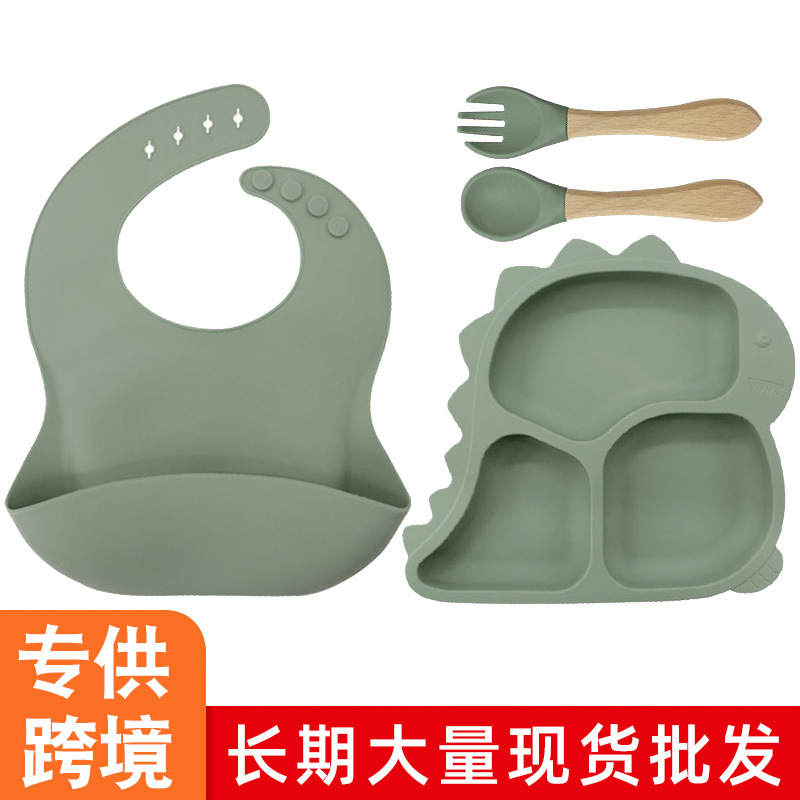 국경을 넘는 어린이용 실리콘 식판, 만화 공룡 모양 이유식 식기 세트, 아기용 칸막이 디자인 이유식