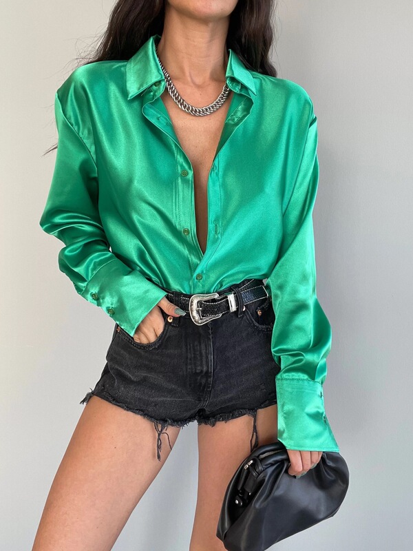 Haoli Station European and American Cross-Border Lapel Long-Sleeved Button-Down Slim Satin Shirt for Women New Style