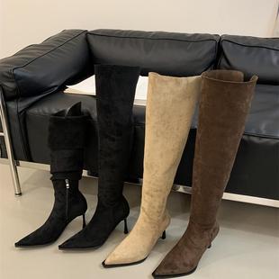 French Pointed Pleated Boots Wear Small High Boots 2024 Winter New Side Zipper Thin Heel Over-the-Knee Boots