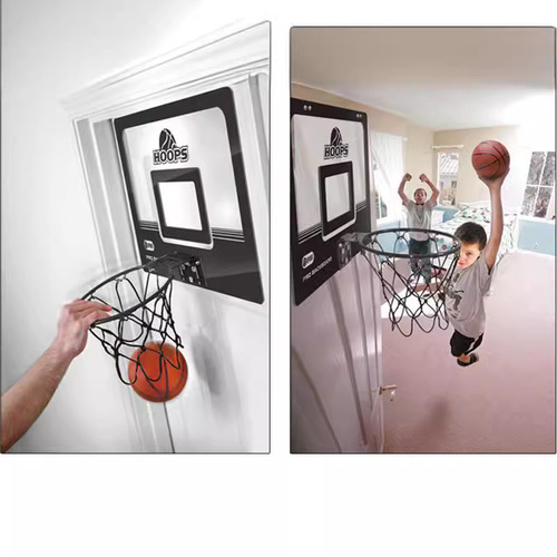 Large-sized, 7-number ball compatible; indoor, portable iron-frame basketball hoop with slam-dunk capability and door-mounting feature.