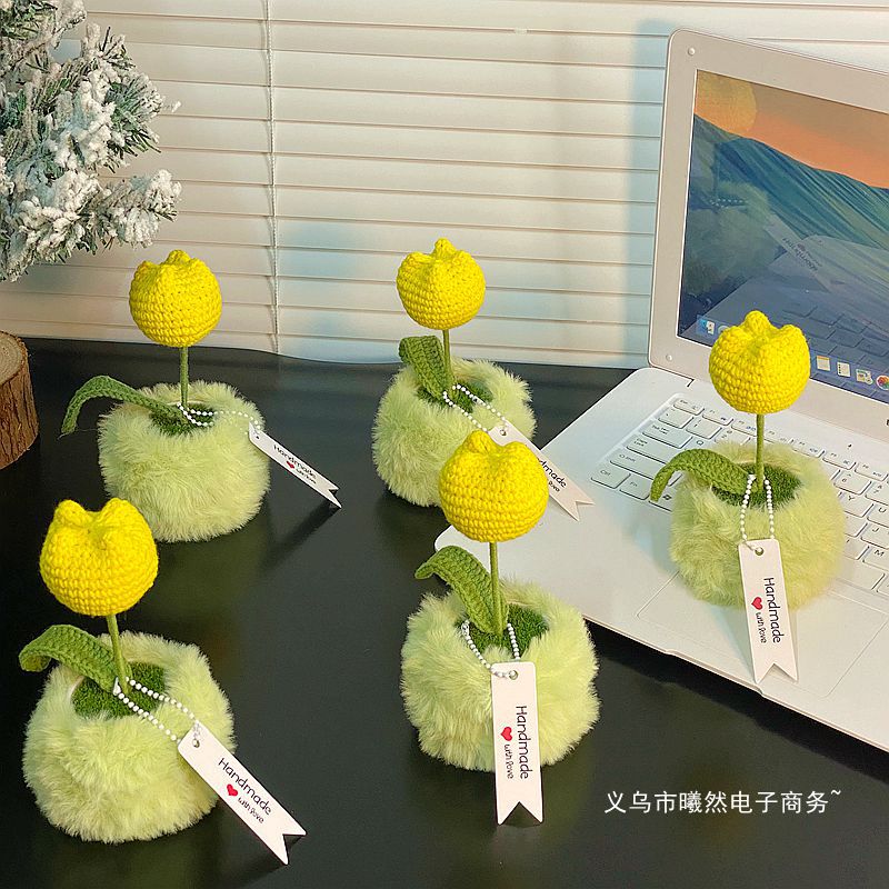 冬款毛絨鬱金香盆栽成品手工針織毛線花編織辦公室桌面擺件禮物