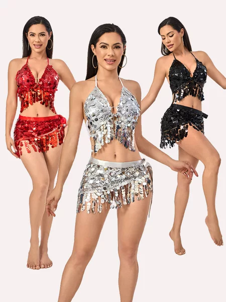New Belly Dance Costume Waist Chain Hip Scarf Amazon Sequin Tassel Set Sexy Top Performance Sequin Set