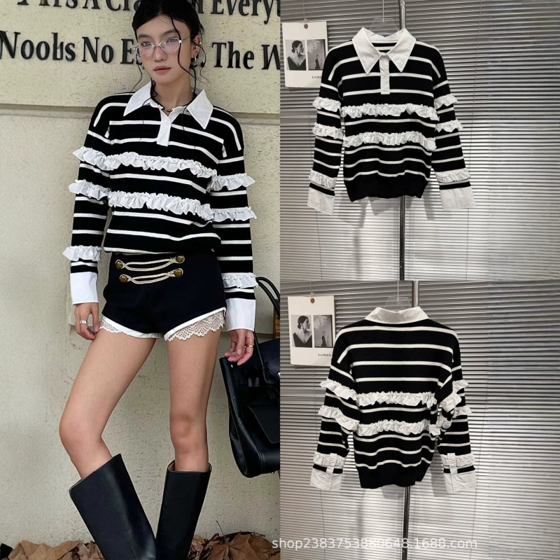 In stock 2026 Spring and Autumn Fashion Rococo Trim Black and White Contrast Striped Knit Cardigan In stock 2026 Spring and Autumn Fashion Rococo Trim Black and White Contrast Striped Knit Cardigan