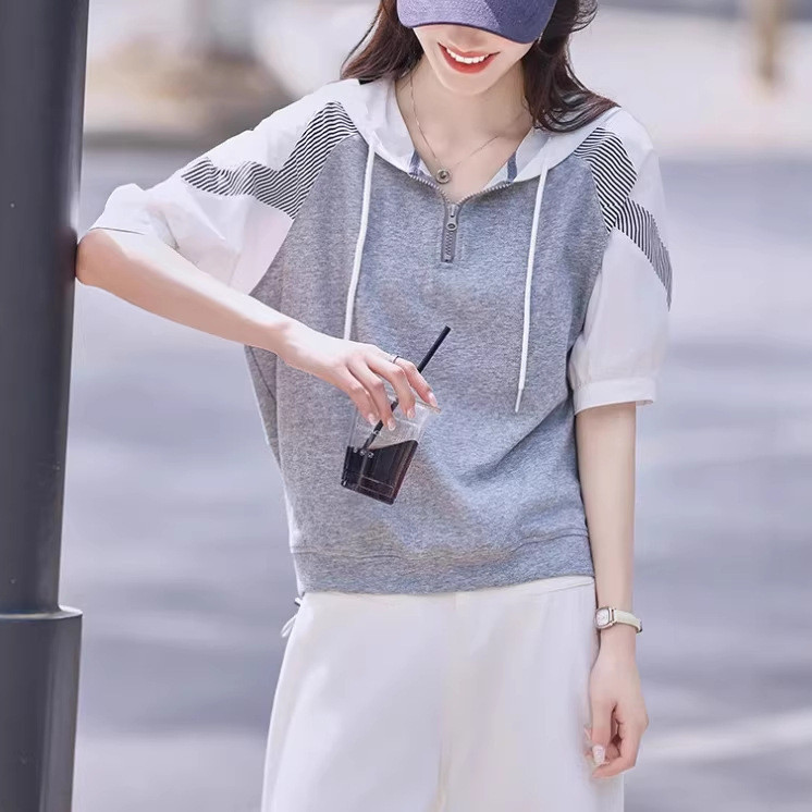 舒适棉质时尚休闲撞色条纹拼接小衫T恤夏季透气连帽衬衫女