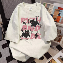 纯棉美式复古卡通印花短袖t恤男夏季新款宽松圆领学院风百搭上衣