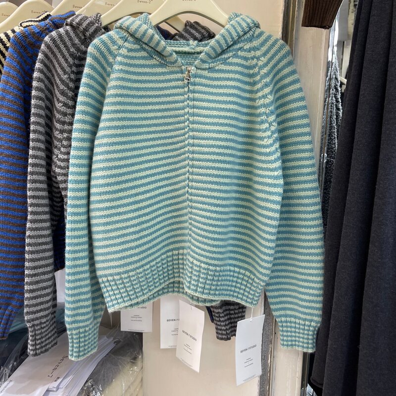 Casual hooded knitted striped thick sweater jacket for women, 2026 autumn and winter new vintage Korean style soft top