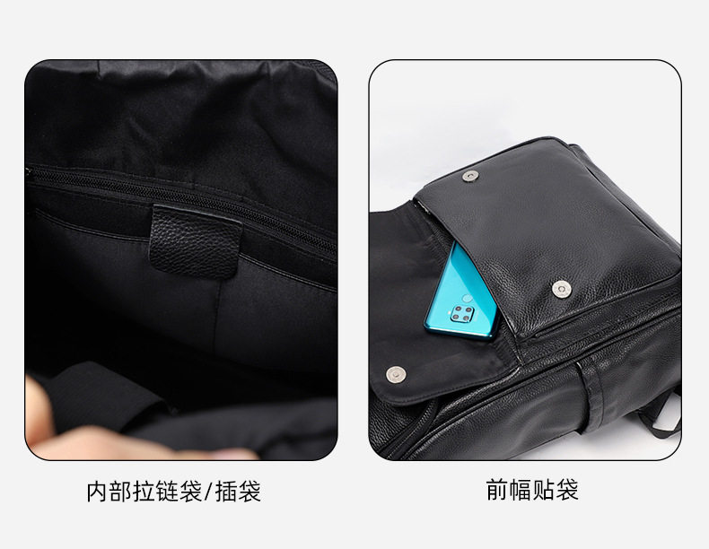 Ba lô da bò lớp đầu da thật 42×15×30 cm, túi đựng laptop dung lượng lớn đa năng đi du lịch ngoài trời — Màu đen chi tiết 8