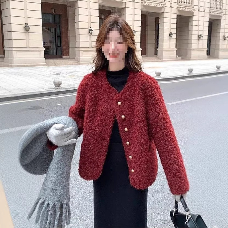 French Style Small Fragrance Cotton Thickened Wedding Red Jacket for Women Autumn and Winter Korean Style Loose Fashion Lamb Velvet Jacket