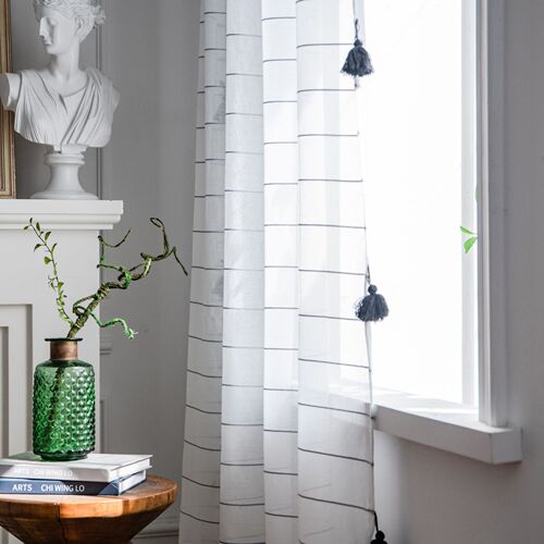 Yimanqiyun striped window screen black tassel decorated translucent curtain finished product modern simple cross-border exclusive supply