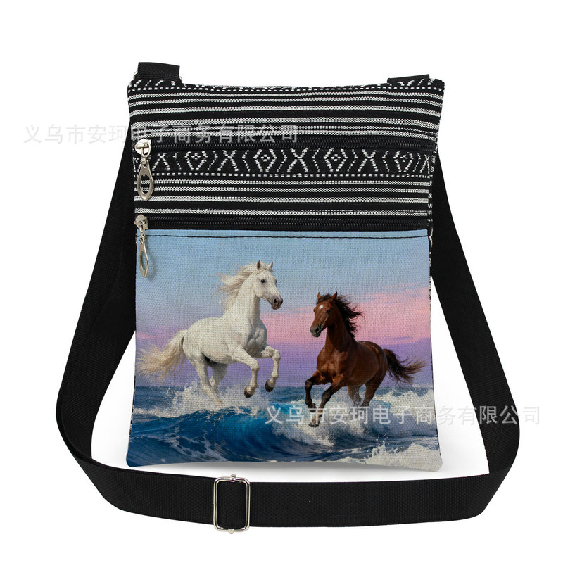 Cross-Border Popular Wholesale Horse Print Crossbody Bag, Fashionable and Durable Shoulder Bag, Compact and Attractive Double Zipper Women's Bag