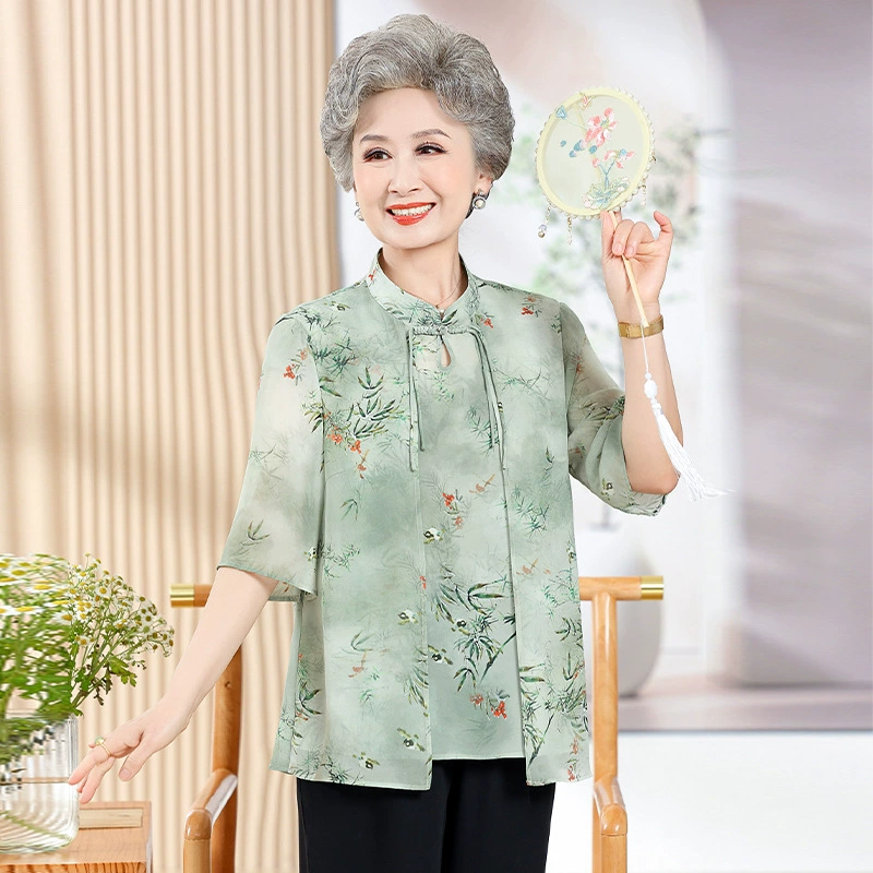 Средние и пожилые мамы летняя одежда шифоновая одежда иностранная бабушка летом поддельные две дышащие китайские футболки старухи