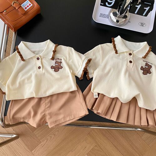 Children's college style summer clothes 0-6 years old summer girls T-shirt bear Polo shirt solid color shorts baby contrasting skirt