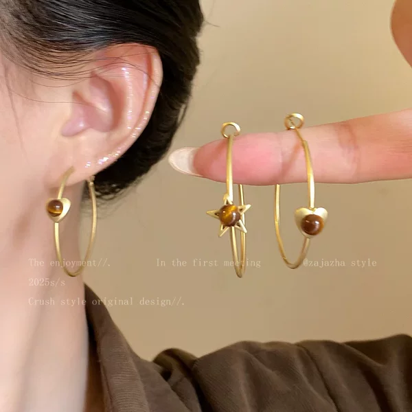Tiger Eye Star Love Earrings Women's Light Luxury High-End Exaggerated Earrings 2025 New Niche Design Ear Accessories