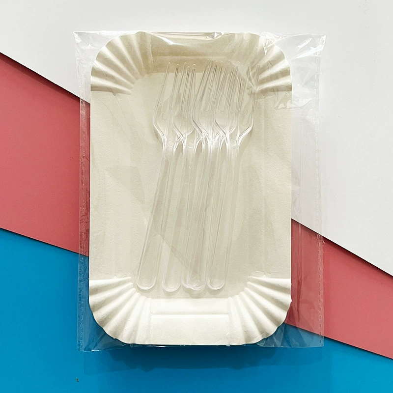 Free shipping long-handled four-tooth fork paper dessert plate set of 5 plates and 5 forks for cake shop simple dining set