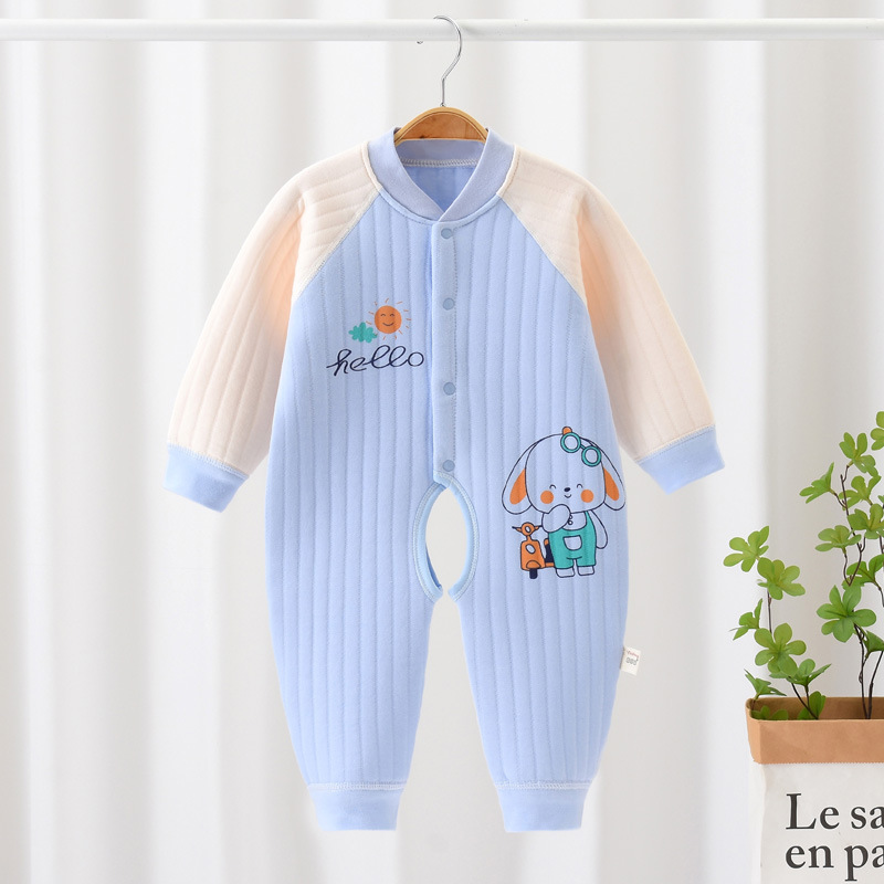 Baby's One-piece Clothes Autumn and Winter Cotton Three-layer Warm One-piece Clothes Boneless Craft Baby's Thickened Crawling Clothes Open-file Haggown