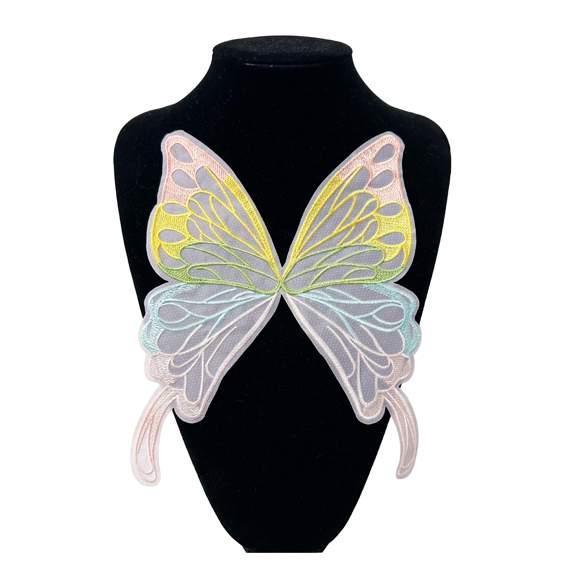 En stock, bordado de organza, colorida mariposa de perlas tridimensional, horquilla no adhesiva, accesorio para el cabello para ropa infantil, decoración de parches de tela