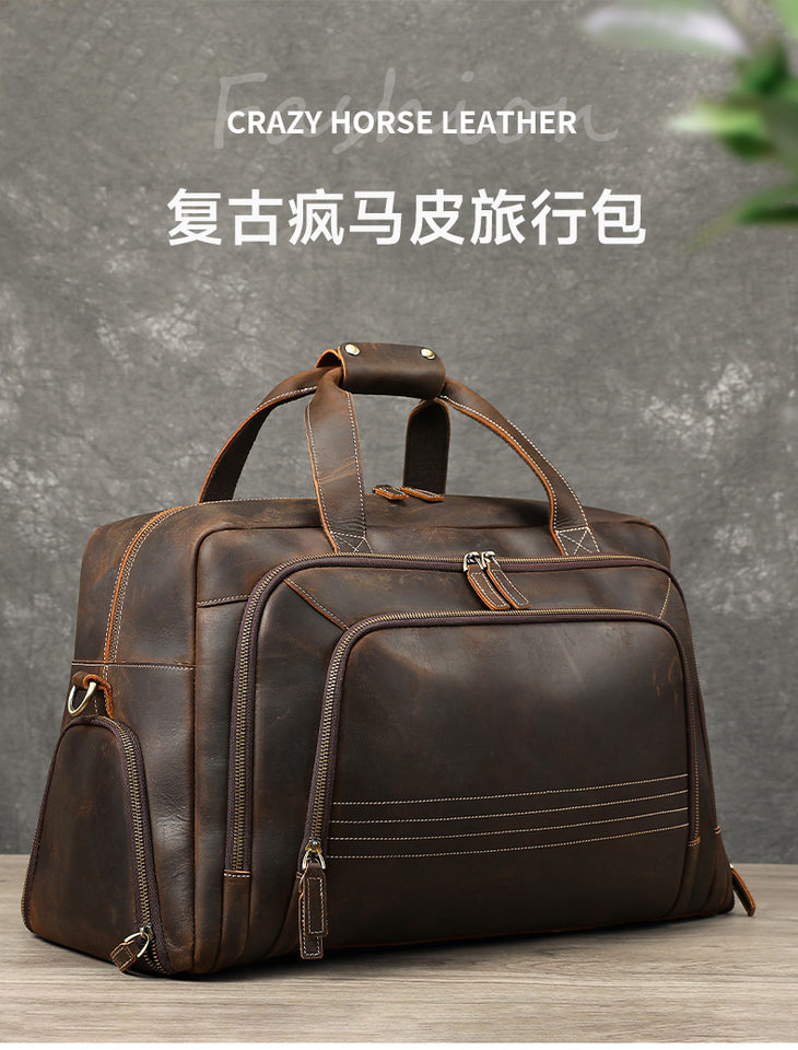 Túi du lịch nam da bò thật da lộn cổ điển đa năng dung tích lớn 36–55L — nâu chi tiết 8