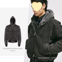 尾货座山雕短款棉服男冬季加厚羊羔绒外套水洗做旧连帽棉狼灰色