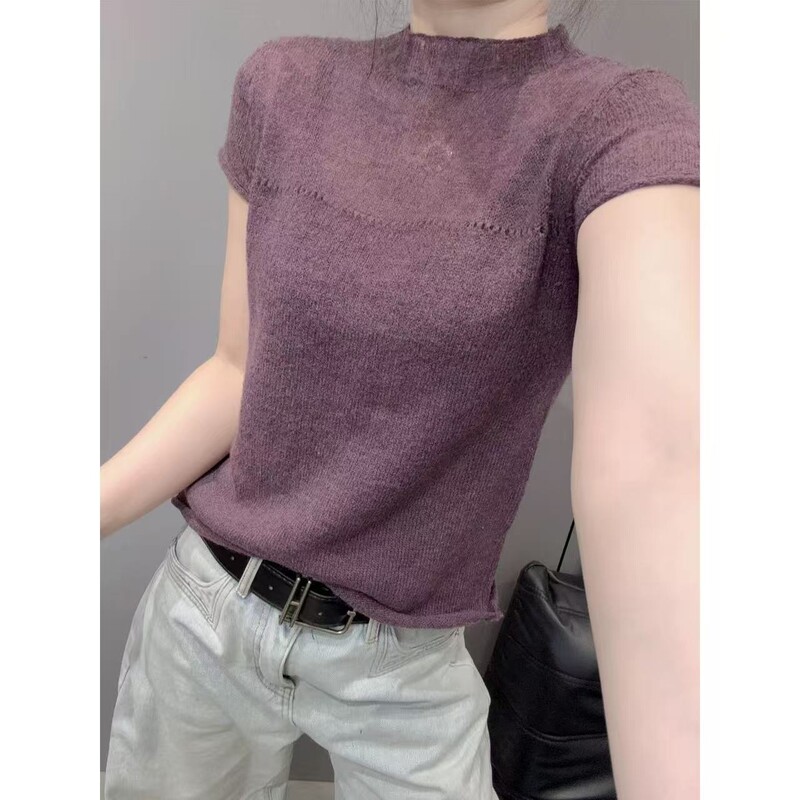 Round Neck Thin Semi-Transparent Hollow-Out Knit Base Shirt, Paired with a Spring Short-Sleeve T-Shirt, Slim Fit, Stylish and Attractive Top for Women