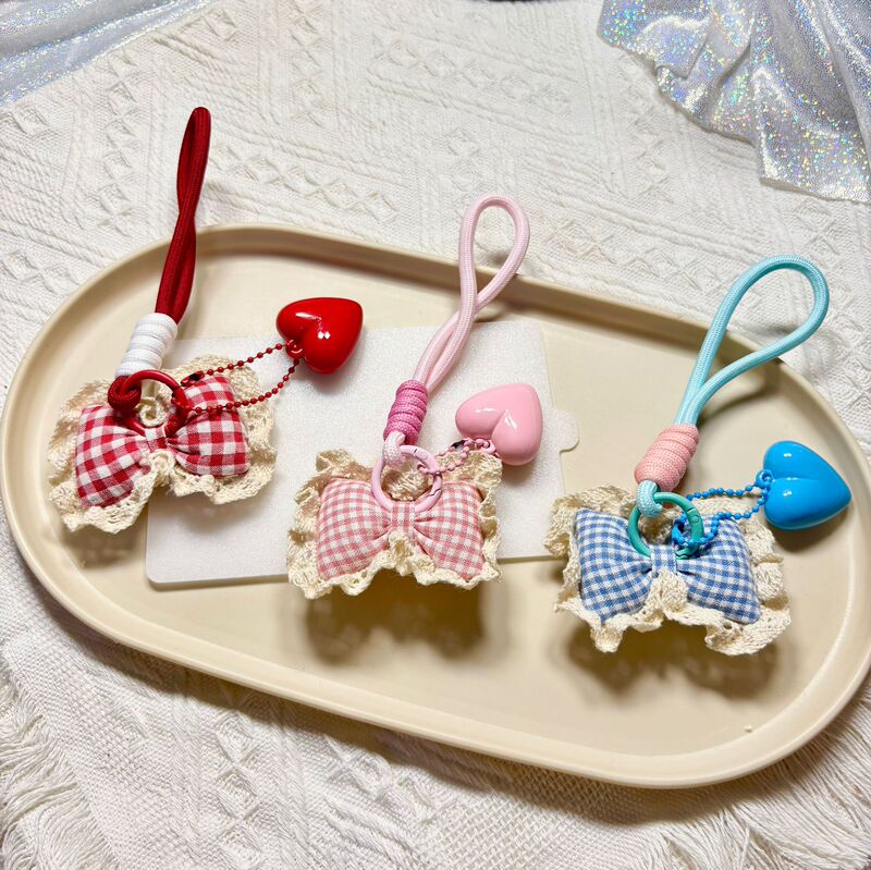 Sweet Plaid Accessories Lace Bow Lace Heart Girl School Bag Pendant Keychain Niche Handmade Gift
