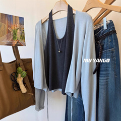 MUYANG 温柔蓝色拼灰背心 绑带假两件针织衫开衫 女假套式毛衣女