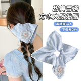 Шарф, синяя резинка для волос, хвостик, аксессуар для волос, изысканный стиль, цветочный принт