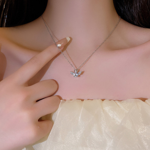Light luxury niche versatile temperament pearl necklace super fairy sweet little fresh love zircon titanium steel clavicle chain necklace