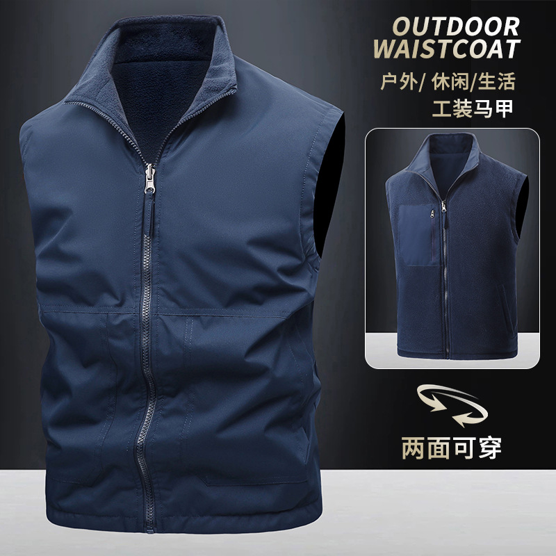 Primavera y otoño, uso de doble cara más chaleco de comercio exterior de terciopelo, chaleco de herramientas multibolsillo antisalpicaduras para exteriores para hombres, personalización avanzada