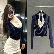 正确版2025秋冬新款高级感挂脖吊带皱褶不规则假两件长袖上衣女