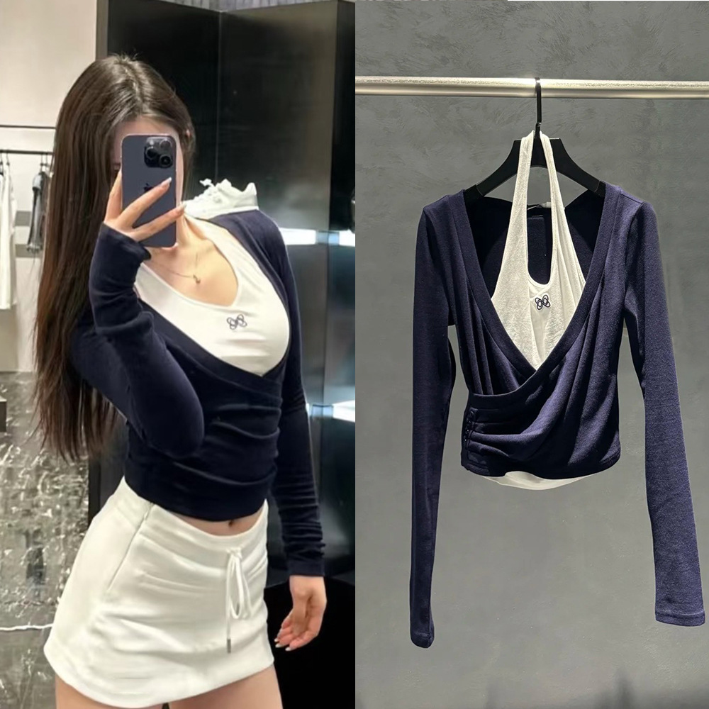 Correct Version of 2025 Autumn and Winter New High-End Halterneck Suspender Pleated Asymmetrical Fake Two-Piece Long-Sleeved Tops for Women