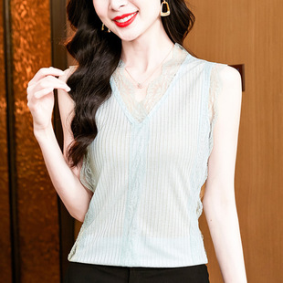 Factory Direct Sale Real Stock 2025 New Stylish Versatile V-Neck Lace Splicing Knitted Vest Women's Top
