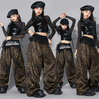 女童jazz豹纹爵士舞服装女孩练功服裤子儿童街舞演出服少儿套装潮