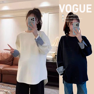 Maternity Sweatshirt Striped Sleeve Stitching Long Sleeve T-shirt 2025 New Cotton Belly Covering Loose Top