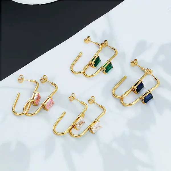 Cross-Border Fashion Fantasy Color Crystal U-Shaped Earrings Stainless Steel Gold-Plated High-End Non-Fading Series Earrings Wholesale