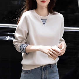 时尚休闲上衣2025秋季慵懒宽松藏肉时髦罗纹撞色袖口拼接卫衣