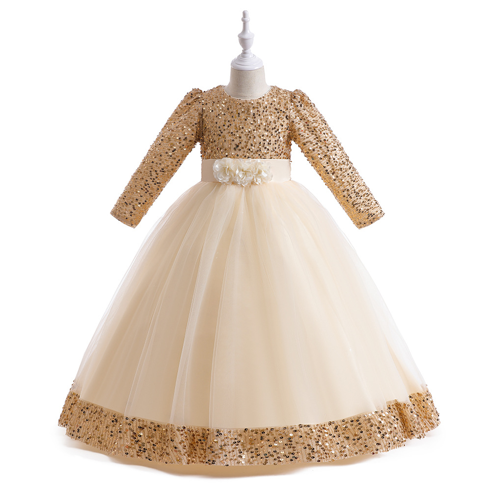 Europa y América eBay nuevo anfitrión vestido de noche manga larga lentejuelas malla pettiskirt medio y grandes niños largo vestido de niña