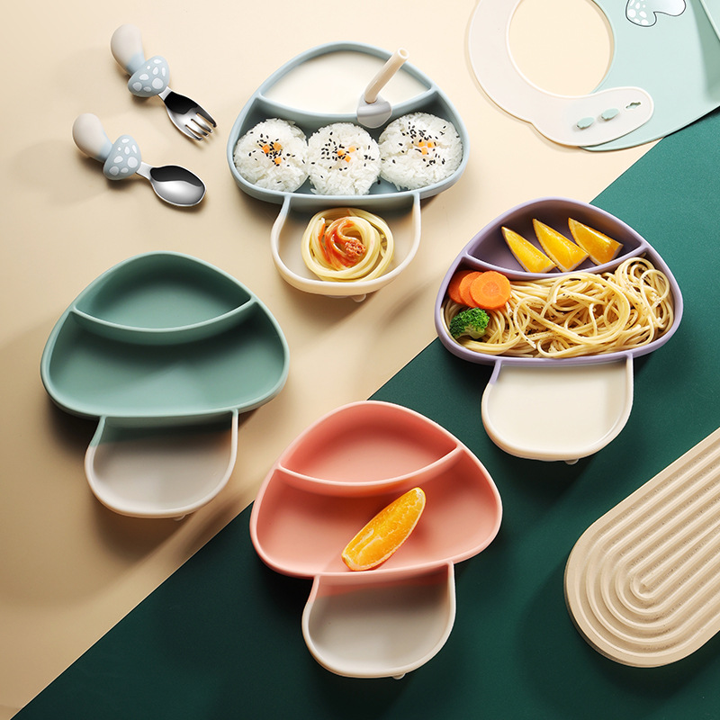 Cute Cartoon Mushroom Silicone Dinner Plate Infant Training Tableware All-in-one Divided Eating Spoon Fork Dinner Plate