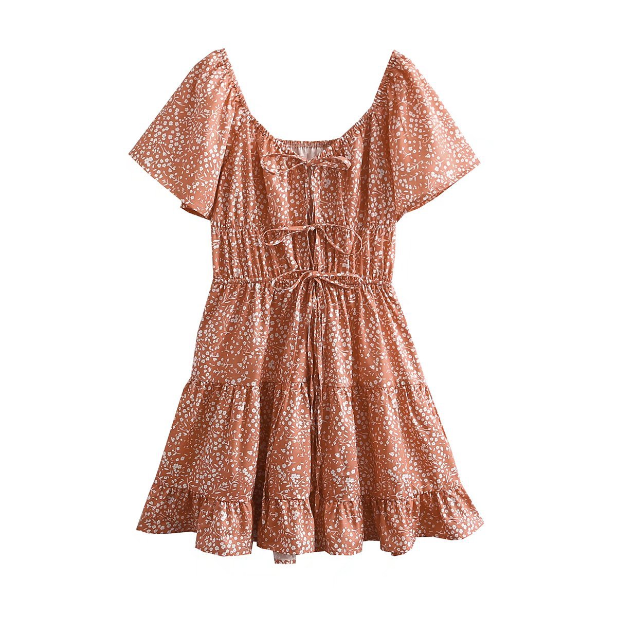 short-sleeved low-cut lace-up short floral dress NSAM126754