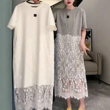 胖MM夏季蕾丝拼接长款连衣裙2-300斤特大码洋气减龄纯色短袖T恤裙