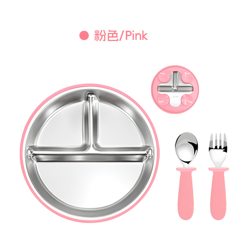 Amazon cubiertos infantiles de acero inoxidable para bebés comidas 304 cubiertos de acero inoxidable platos de silicona tipo ventosa